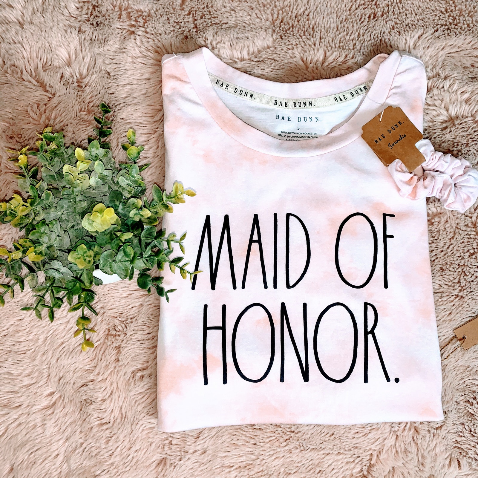 Nwt Rae Dunn Pink Tie-Dye Maid Of Honor Short Sleeve Top Scrunchie Set Med